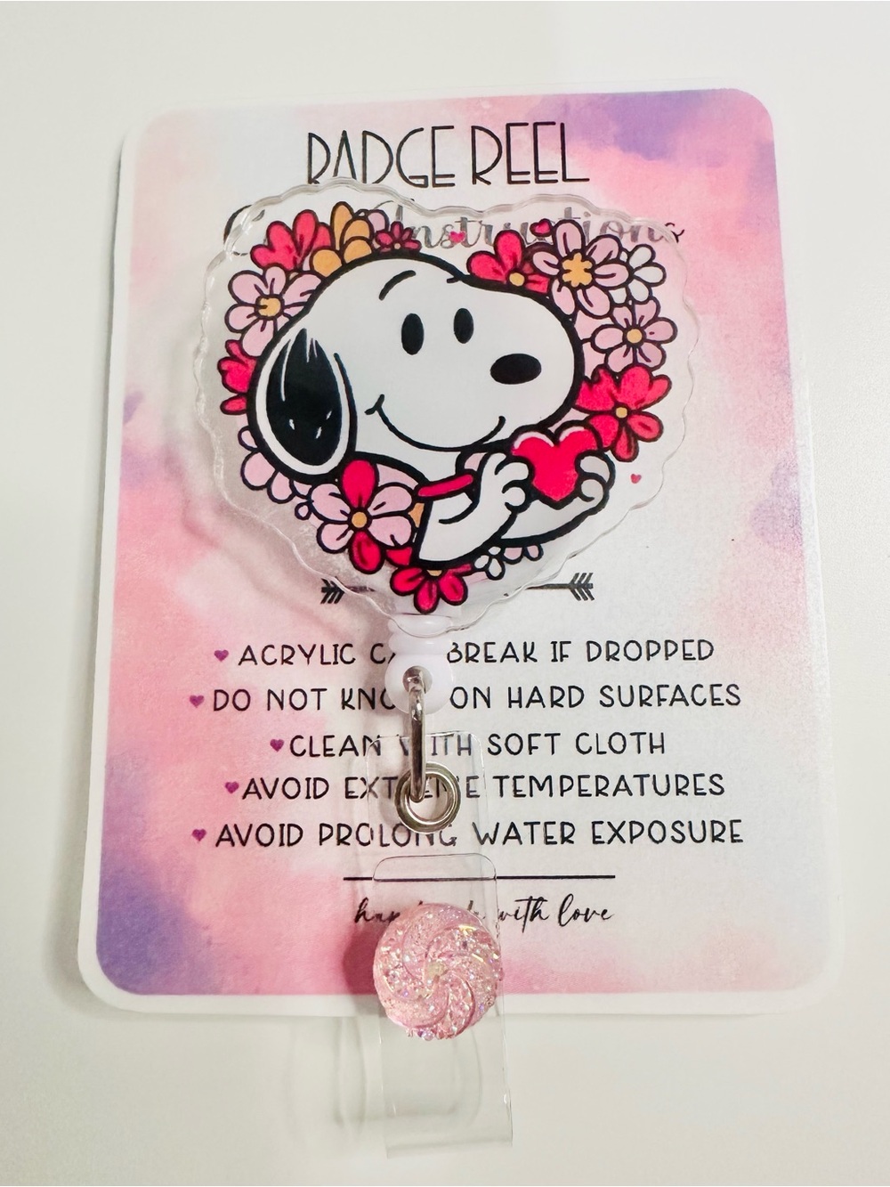 Snoopy Floral Badge Reel - Pink Heart Design